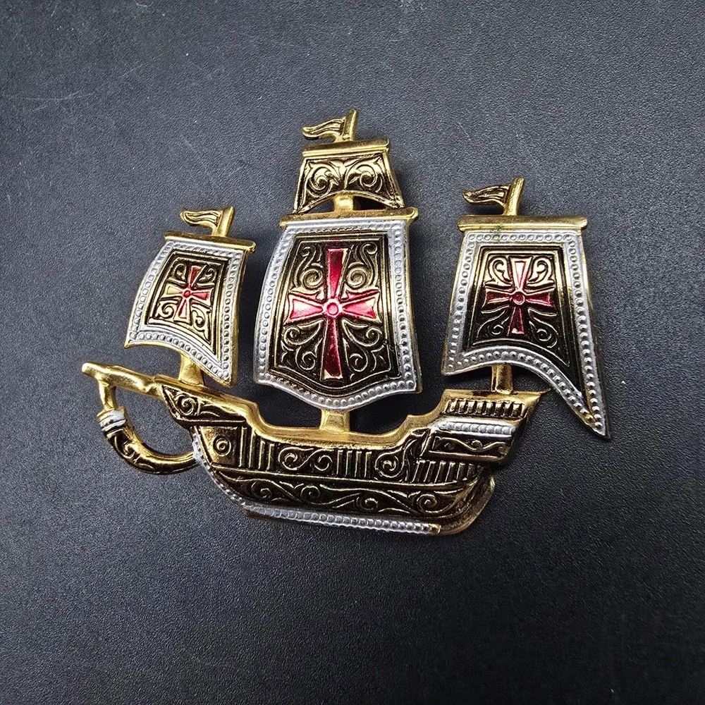 Damascene Ship Boat Brooch Gold Tone White Black Red Spain Vintage